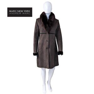 MARC NEW YORK Andrew Marc Faux Suede Shearling Coat with Genuine Fox Fur Collar